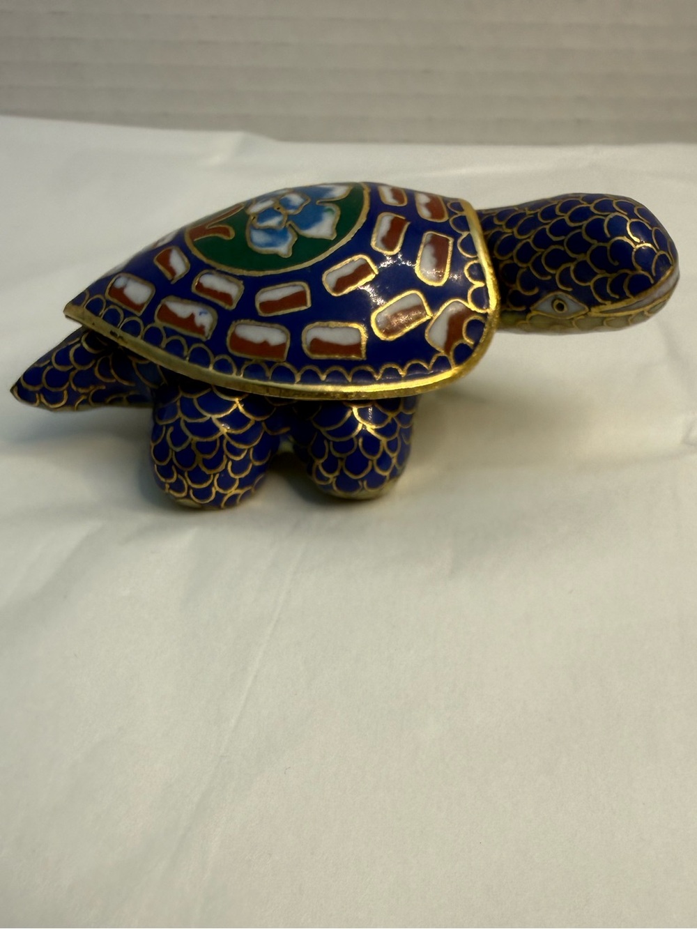 Vintage Chinese Blue and Gold Cloisonné Turtle Metal Trinket Box Removable Shell